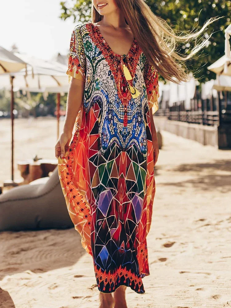 

2025 New Beach Cover-Ups Women Robe V-Neck Lace Up Chic Printed Beach Long Dress Plus Size Summer Chic Fashion Swimsuit Cover Up