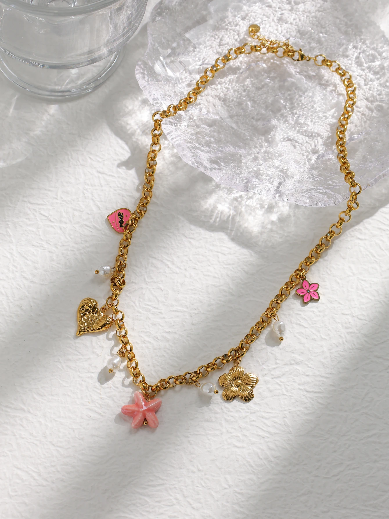 Women\'s Starfish Ceramic Flower Love Pearl Pendant Necklace Cute Heart Shaped Gold Collar High Quality Party Jewelry Gift