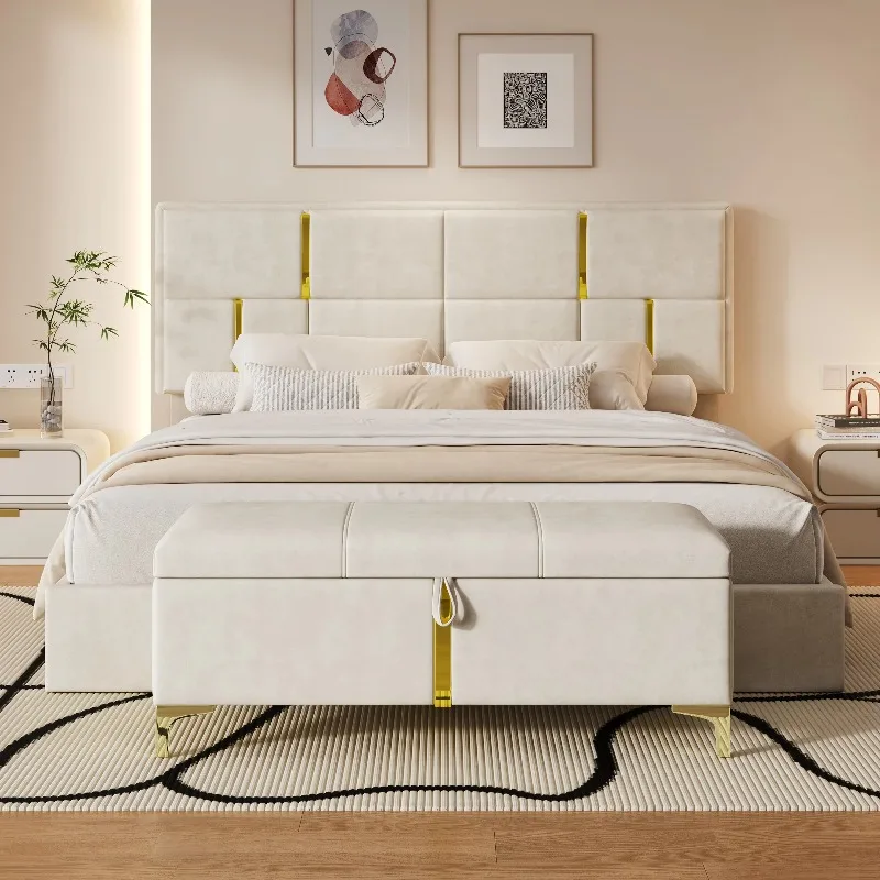 Two-piece Bedroom Set Queen Upholstered Platform Bed with Hydraulic Storage System Storage Ottoman