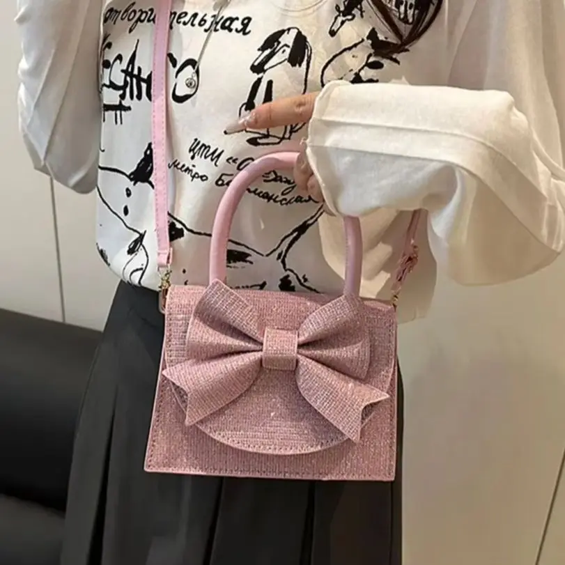 

Женская блестящая мини-сумочка с бантом, украшенная пайетками, милая, модная, универсальная, на плечо, с цепочкой, кроссбоди, маленькая квадратная сумка