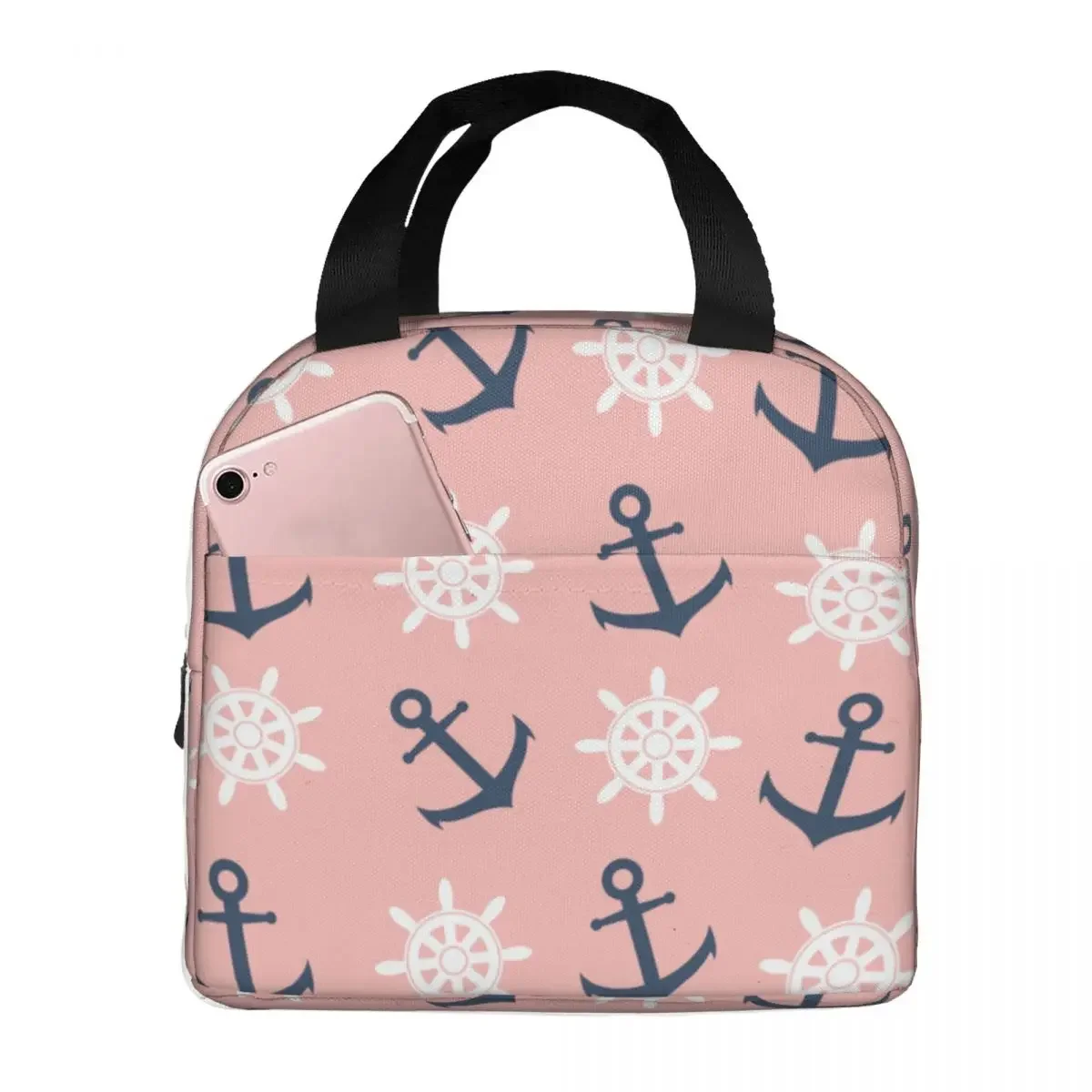 Navy Blue Anchor And Wheel Pattern Lunch Bags Portable Insulated Oxford Cooler Bags Thermal Food School Lunch Box for Women Girl