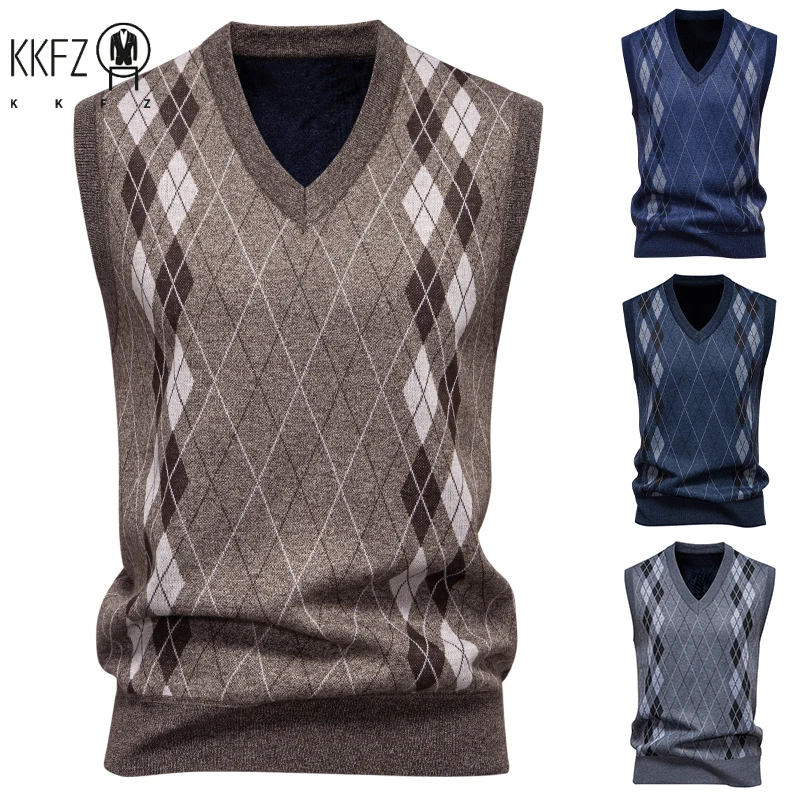 Men's V-Neck Knitted Sweater Diamond Grid Twisted Flower Casual Fashion Top for Autumn Winter Versatile Knitwear