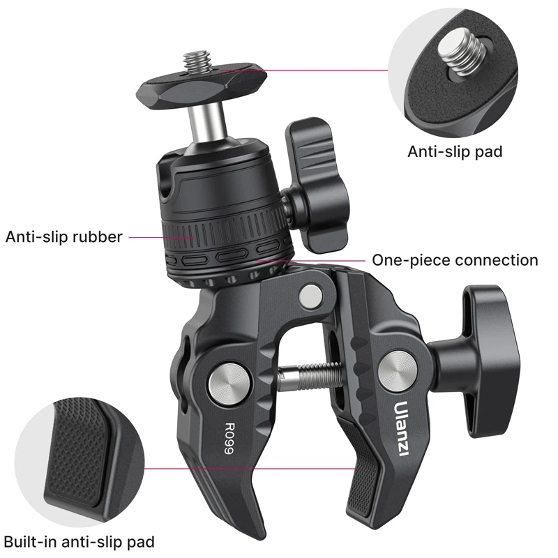 Ulanzi R099 Metalen Super Klem Met 360 Rotatie Mini Bal Hoofdsteun Mount 1/4 "Naar 1/4" Schroef Voor Rig Monitor Dslr Motorfiets