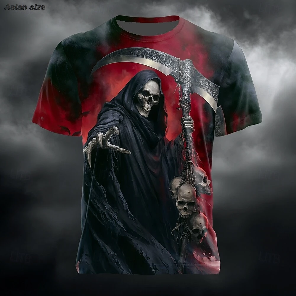 Unisex Gothic Grim Reaper Skull 3D Print Short Sleeve T-shirt Halloween Party Casual Graphic Tee Tops