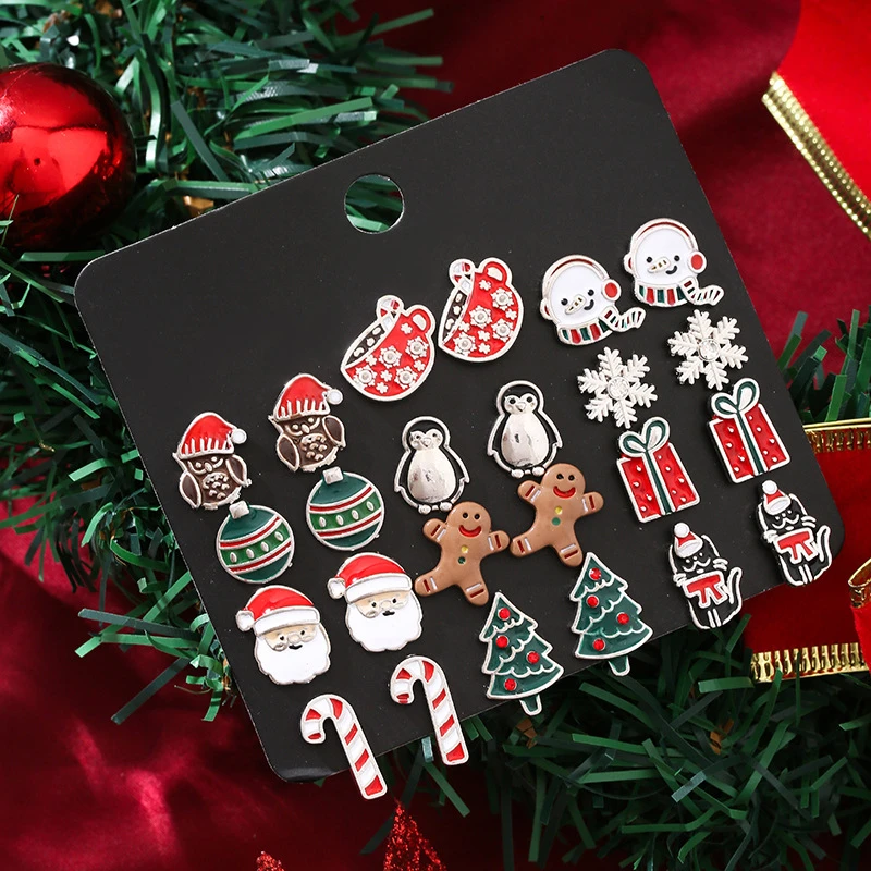 

12 Pcs/Set Cute Christmas Mini Earrings for Women Girls Cartoon Penguin Santa Owl Sheriff Canes Earring Xmas New Year Jewelry