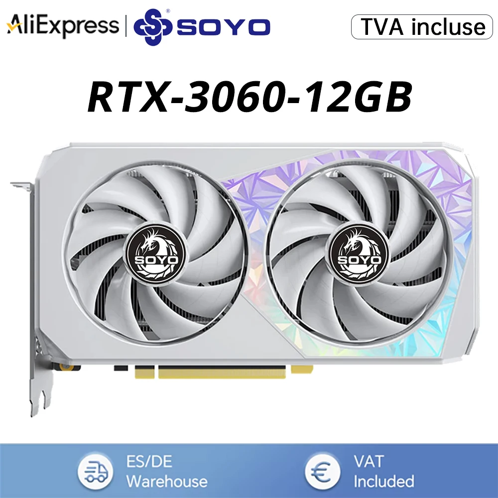 بطاقة رسومات SOYO RTX 3060 سعة 12 جيجابايت GDDR6 192Bit PCI Express 4.0 × 16 8Pin NVIDIA GPU Rtx 3060 بطاقة فيديو للألعاب Placa De Video