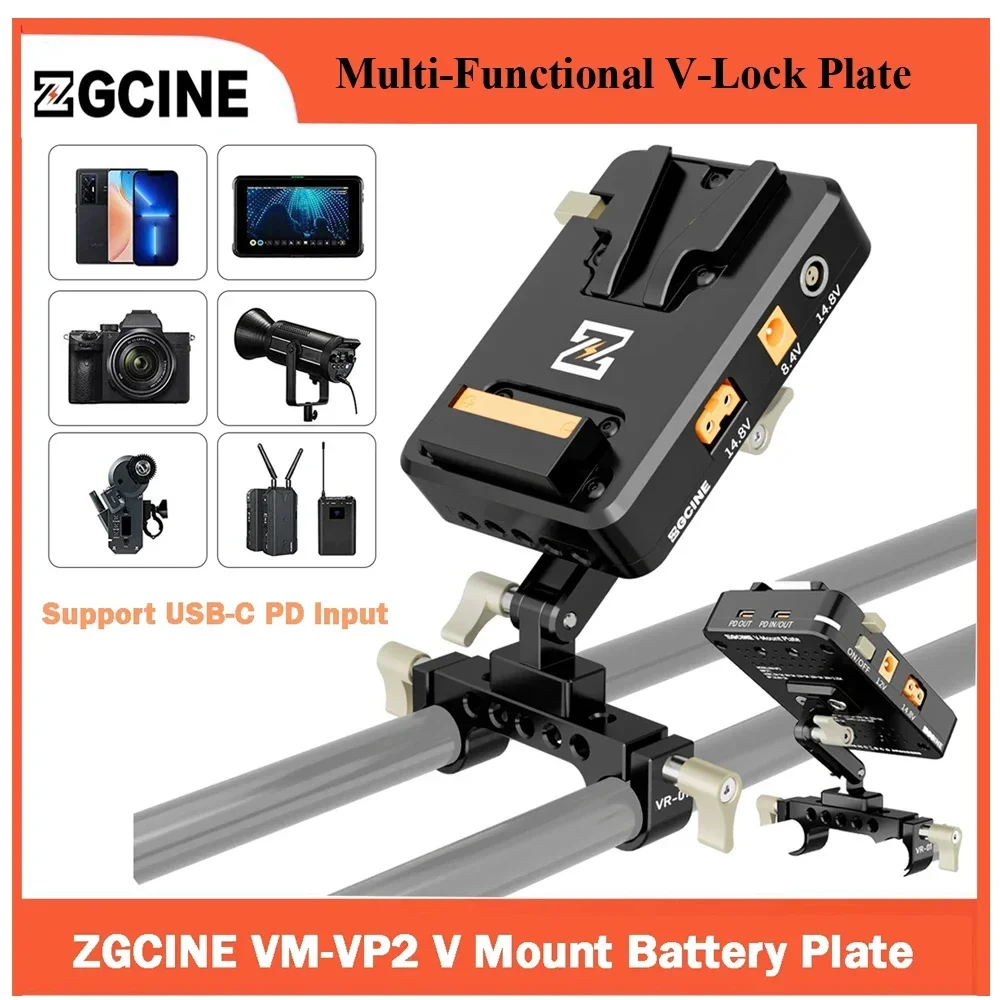 

ZGCINE VM-VP2 Mini V Mount Battery Plate V-Lock with 15mm Rod Clamp USB-C PD Input D-TAP/LEMO Output for DSLR Camera Camcorder