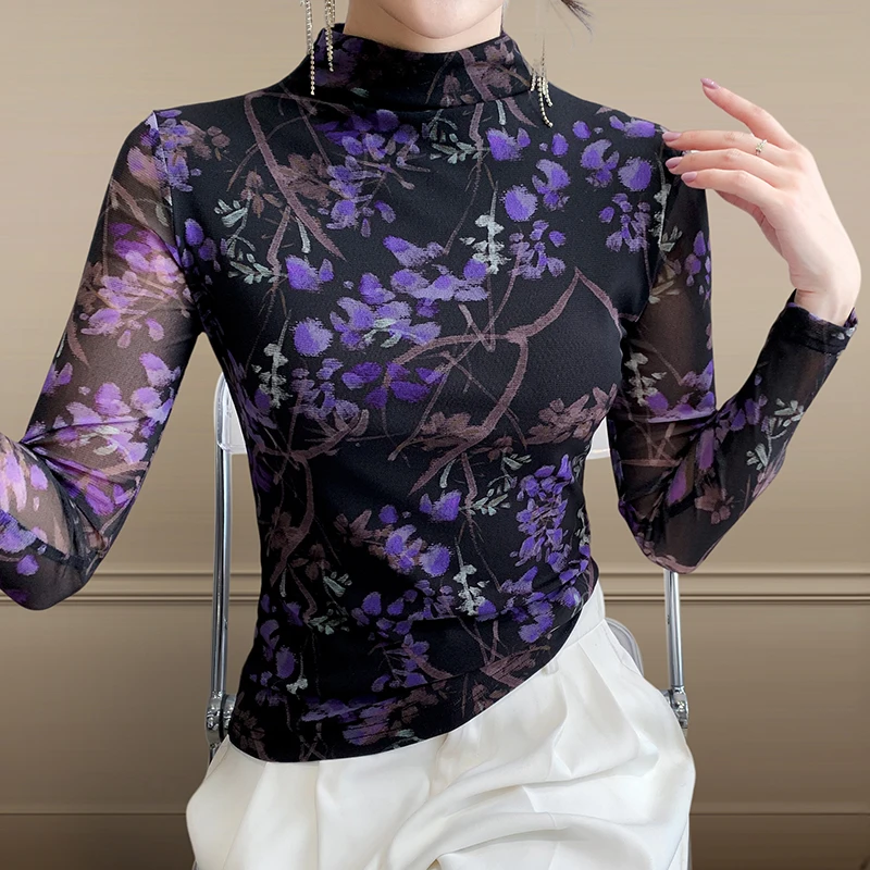 2025 New Women's Semi-Turtleneck Mesh Base Layer Shirt. Chic Long Sleeve T-Shirt for Fall, Fashionable Blouse for Layering