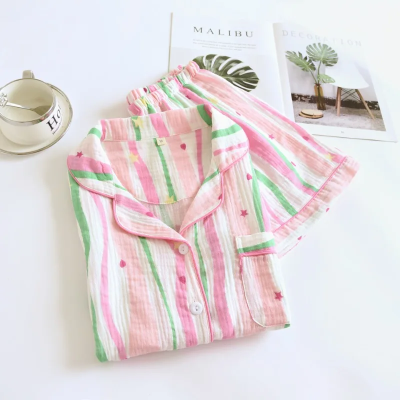 Summer Short-sleeved Shorts Women's Pajamas Bright-colored Cool Loungewear Cotton Double-layer Gauze Crepe Pijamas 2 Piece Sets