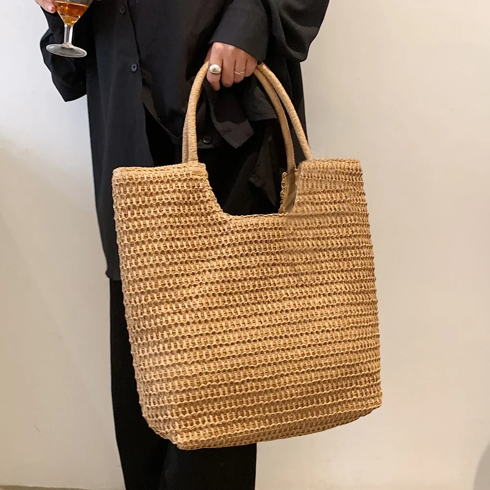 

Women Straw Tote Handbag Large Capacity Crochet Beach Handbag Solid Color Weaving Travel Handbag Ladies Summer Daily Bag