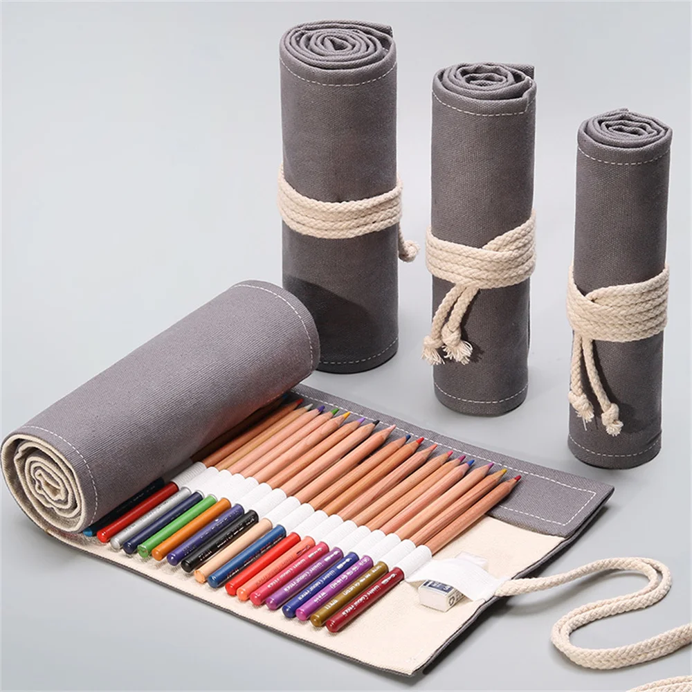 Material de lona cinza Pen Curtain, fio firme, Elastic Socket Case, papelaria de armazenamento, economizar espaço, vários usos, 12 furos