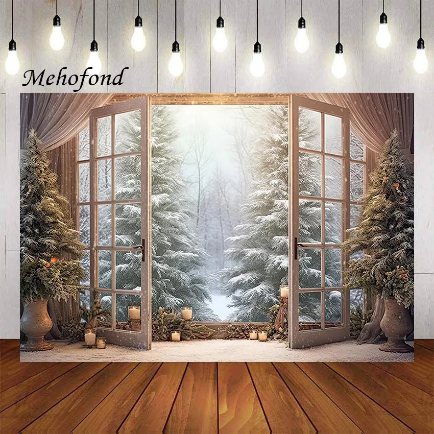 Mehofond Photography Background Christmas Window Winter Snow Forest Xmas Tree Kids Family Portrait Decor Backdrop Photo Studio