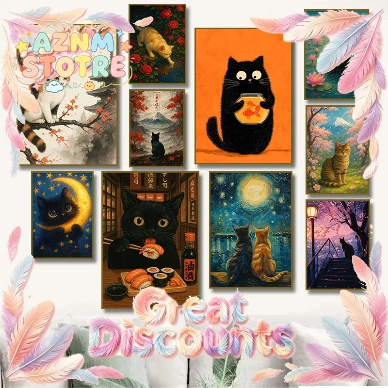 Black Cat Reading in Cozy Bed Orange Cat Cherry Blossom Lotus Landscape Canvas Painting Print Wall Art Picture Room Home Deco