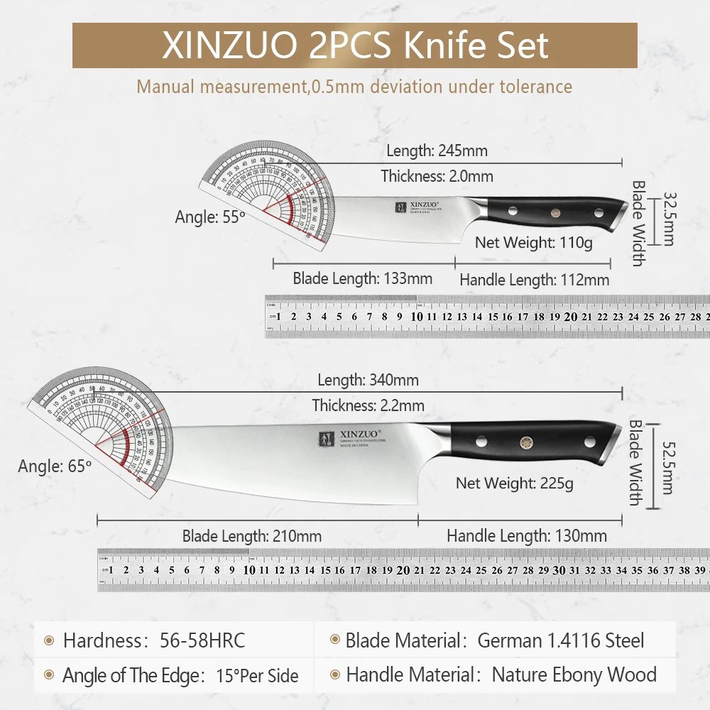 XINZUO 2pcs Knives Set High Carbon Germany 1.4116 High Carbon Stainless Steel Chef Petty Knives Home Cooking Tools Ebony Handle