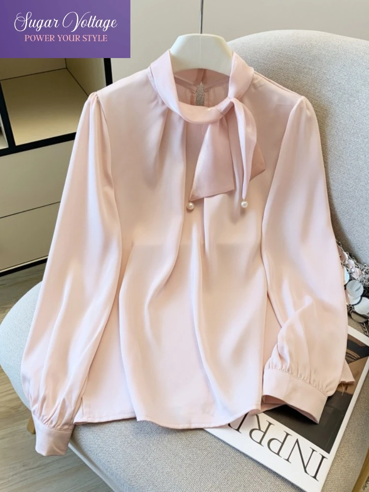 

Весенне-осенний стиль, элегантные атласные дизайнерские блузки, женские повседневные однотонные шифоновые топы с длинным рукавом и галстуком-бабочкой, офисные женские повседневные рубашки