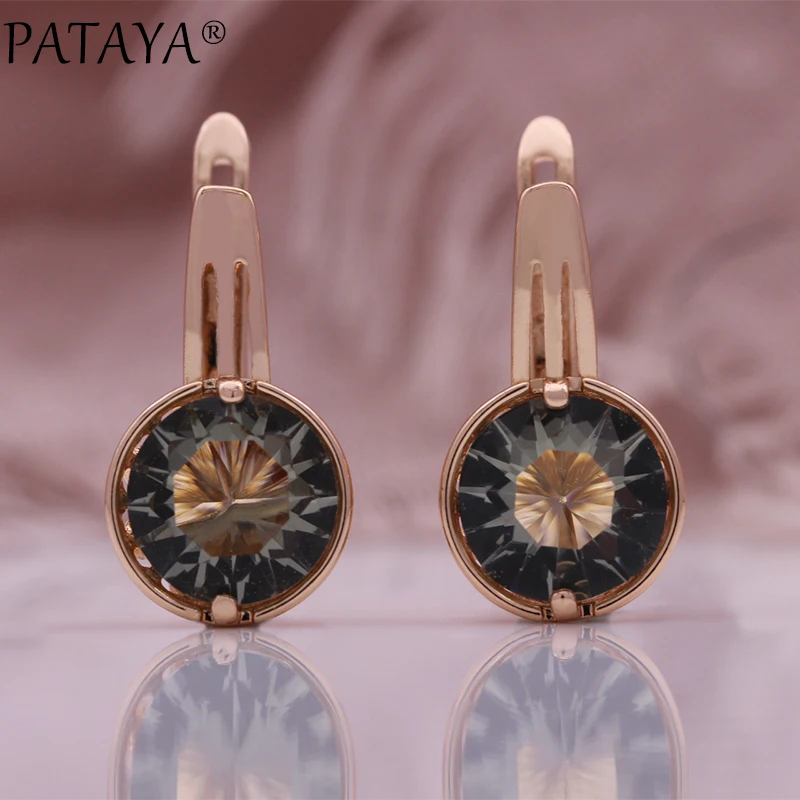 PATAYA 585 Rose Color Round Cubic Zircon Earrings Rings Sets 2024 New Women Fine Jewelry Sets