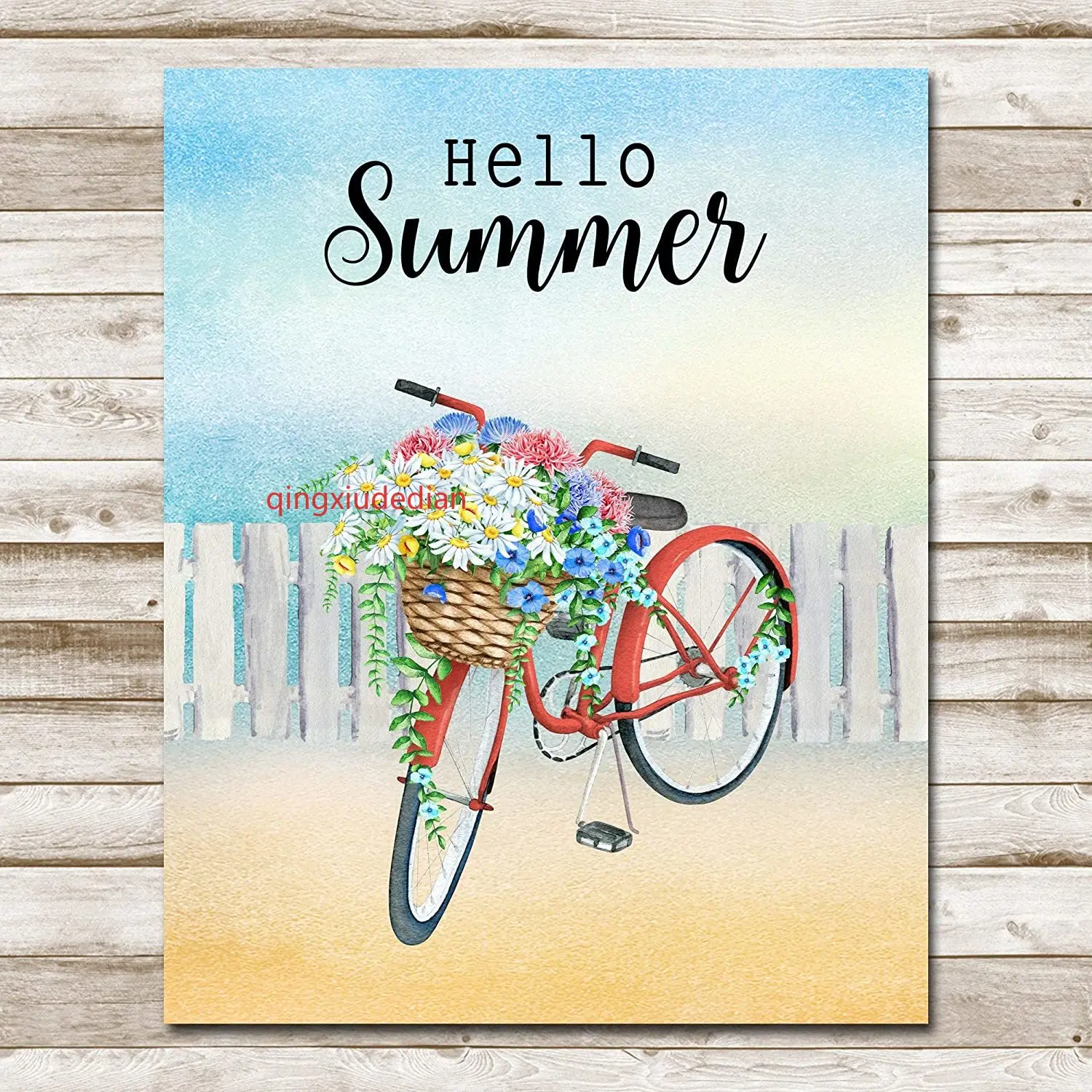 Eeypy Red Bicycle Hello Summer Decor Metal Plate Plaque Iron Painting Tin Sign sign