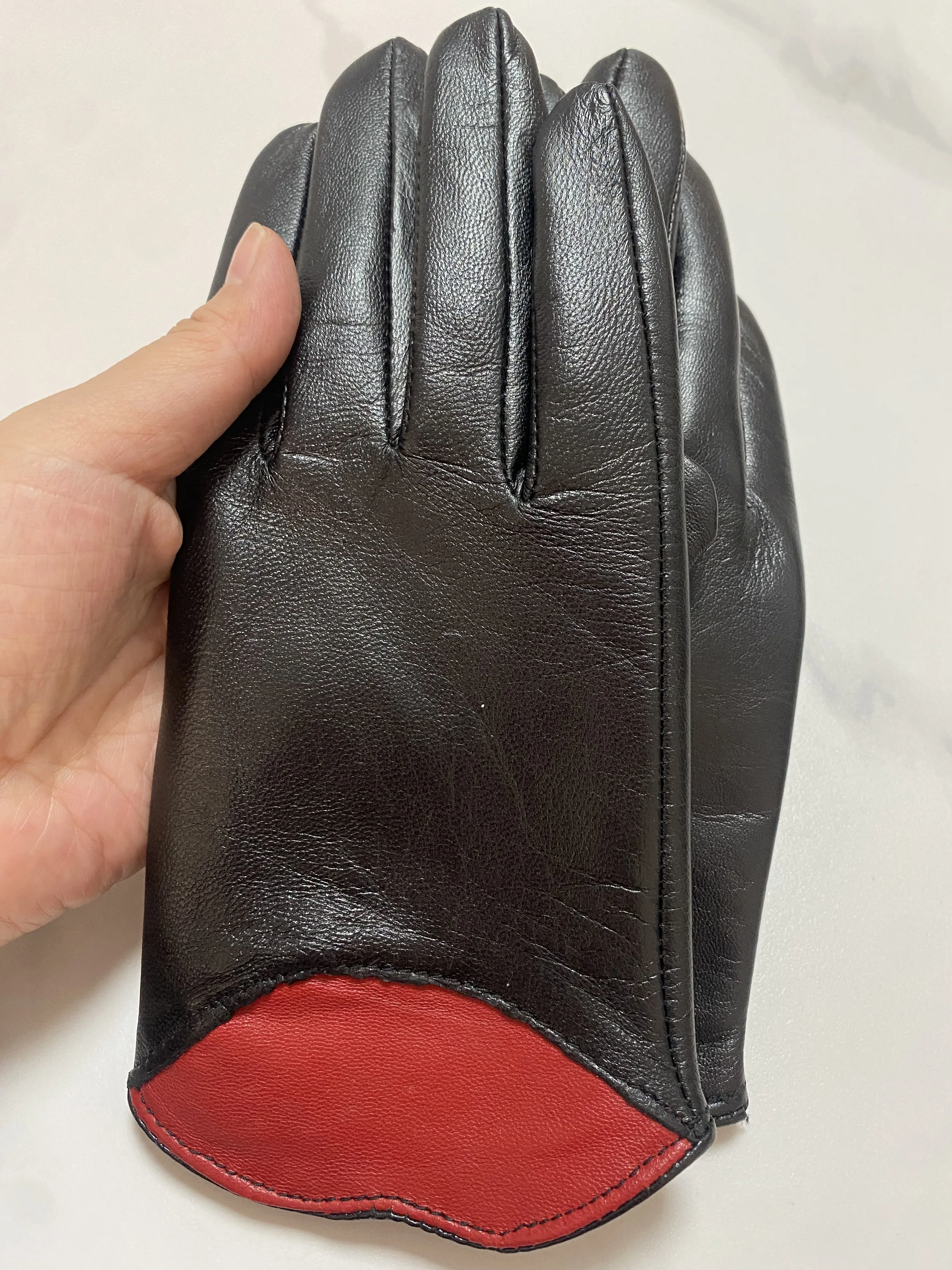 Women\'s Genuine Goat Leather Red Lip Black Gloves Female Natural Leather Touch Screen Motorcycle Driving Glove R799