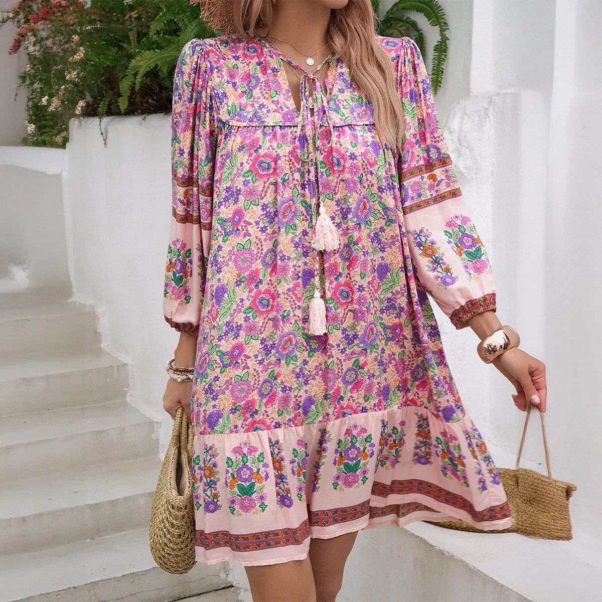 Casual Boho Women's Summer Bohemian Printed Mini Dress Sexy V Neck Loose Sundress Holiday Short Dresses Femme Vestidos Платье