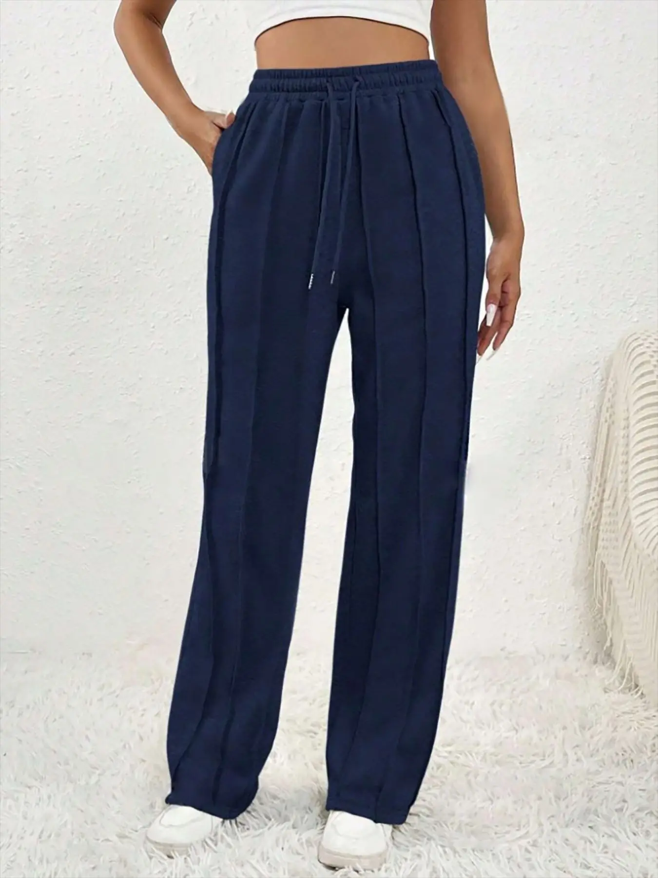 Pantalones de chándal informales de moda para mujer europea y americana con cordón, rayas verticales, pantalones deportivos de pierna recta para