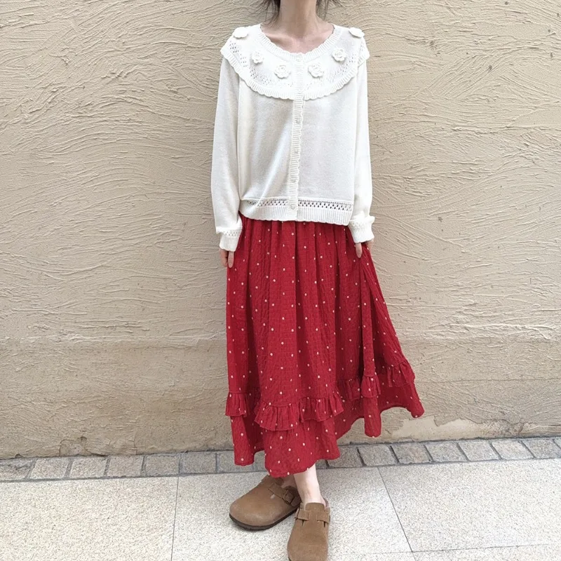 Cardigans de malha kawaii feminino outono manga longa bonito mão crochê flores decoração solta doce suéteres