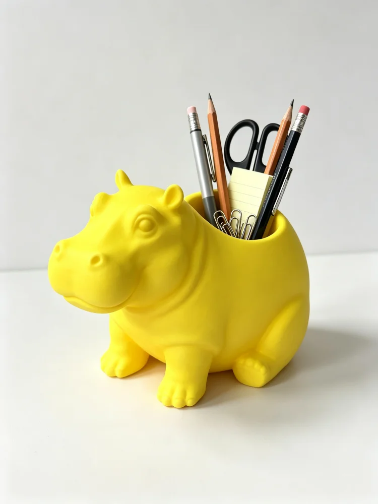 Yellow hippo animal pen holder, multifunctional desktop storage box, made of solid PLA material with a smooth surface, large opening design for easy access, desktop organizer to save space, can store pens, makeup brushes, and small items, suitable for home office desks and student desks, cartoon animal desktop ornament, cute room decoration, a great gift for office workers and children