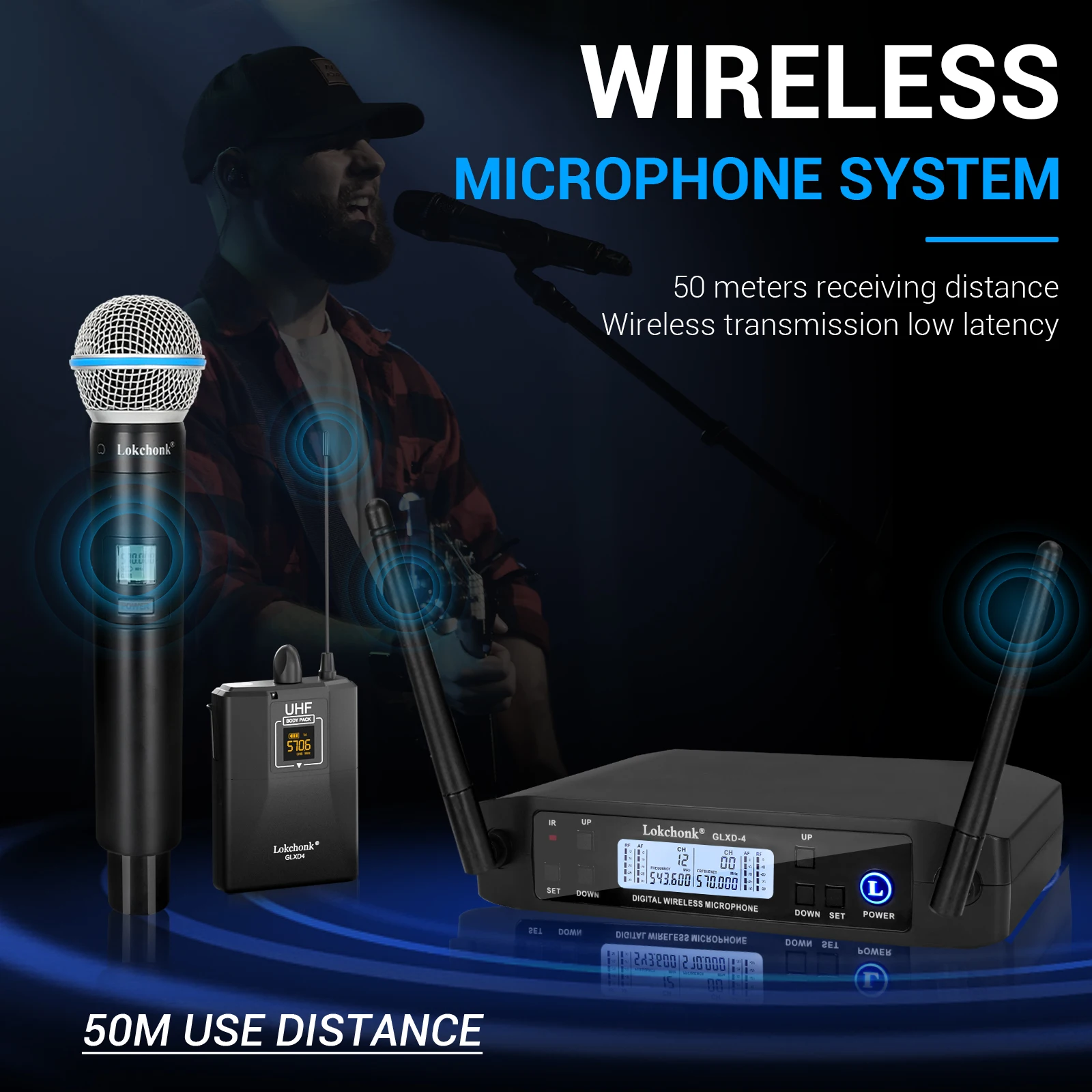 GLXD4 Professional  2 Channel UHF Wireless Microphone System Lavalier & Headset Mic 50m Range  For Karaoke KTV Church Party