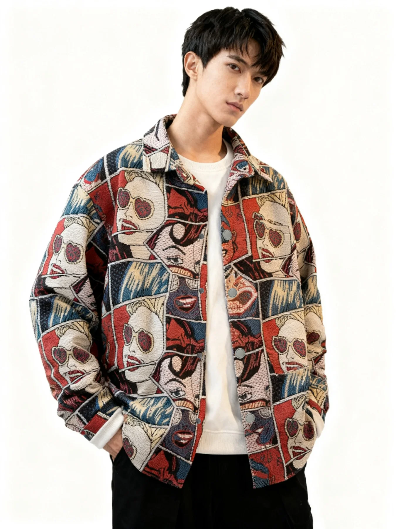 

Men's Spring and Autumn Trendy Casual Printed Work Jacket, American-Style Retro Fun Cartoon Comic Coat
