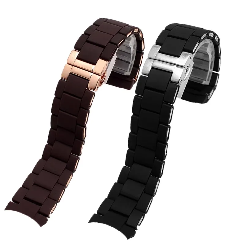 منحنى نهاية حزام (استيك) ساعة ل أرماني سيليكون الفولاذ المقاوم للصدأ سوار AR5905 5890 5919 5906 5891 5920 20 مللي متر 23 مللي متر حزام أسود بني
