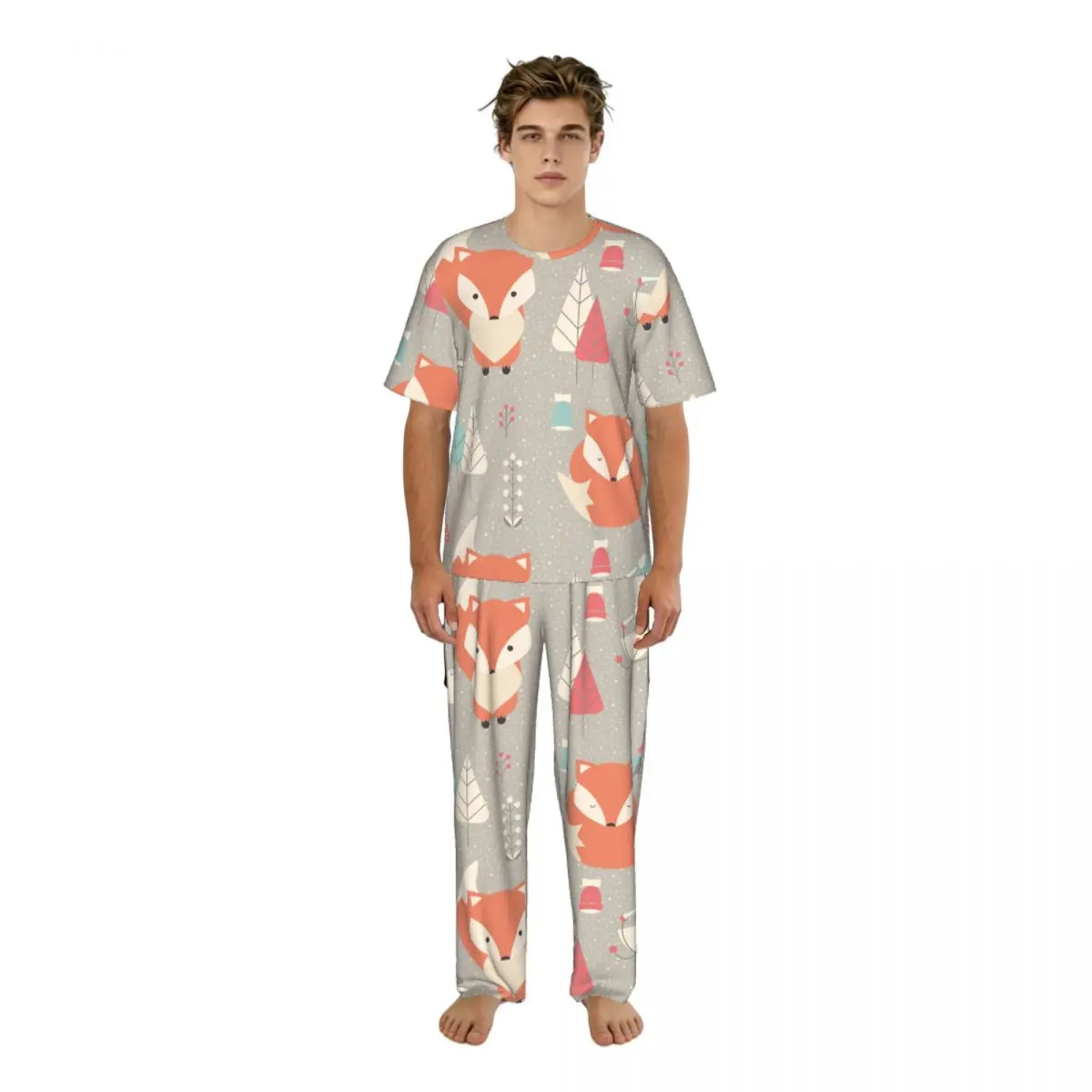 Men Pajamas Suit Short Sleeved Long Pants Fox Pattern Sleepwear Summer Home Clothing Set