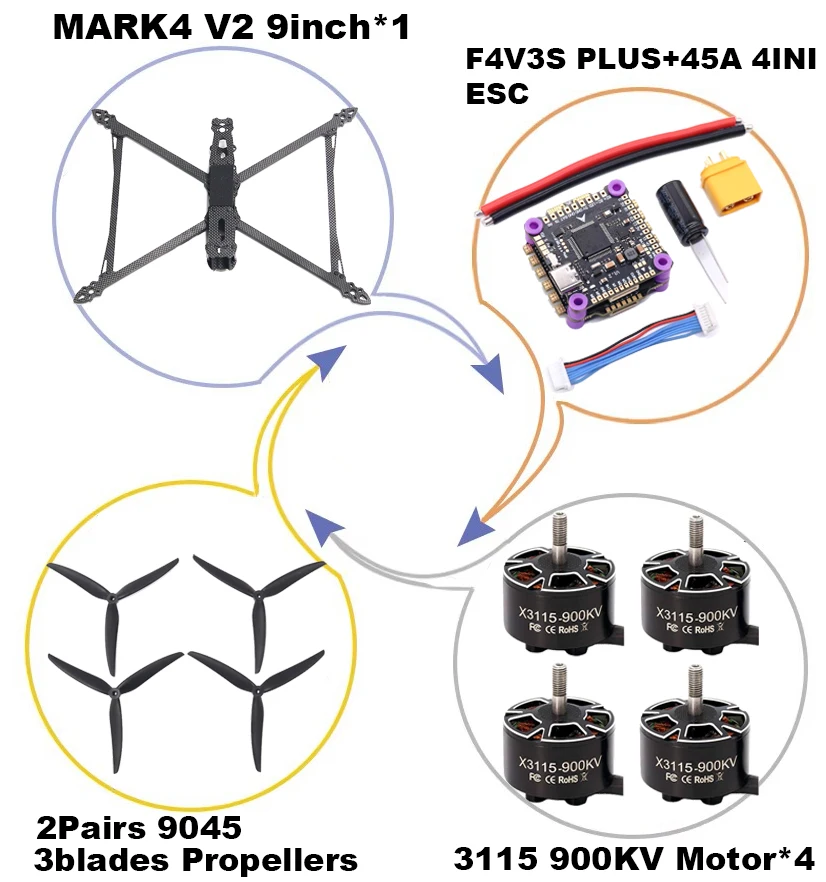 MARK4 V2 9Inch F4V3S/F4V3S PLUS Flight Control 45/60A 4INI ESC Rack Drone FPV carbon fiber PV Racing Drone Quadcopter Freestyle