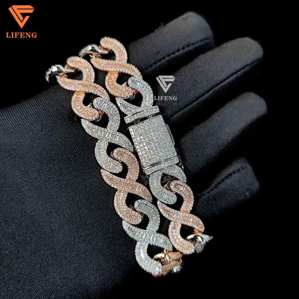 Lifeng Jewelry 15mm Iced Out Vvs Moissanite Cuban Link Chain Necklace Two Tone 925 Silver Diamond Hip Hop Men Cuban Necklace