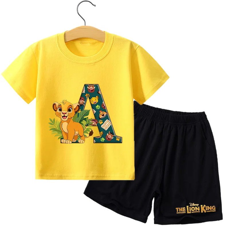 Lion King Disney Short Sleeve T-shirt Pants Letter A-z Printed Tee Shorts Suit Soft Summer Baby Tops Cloths Shorts Toddler Suit