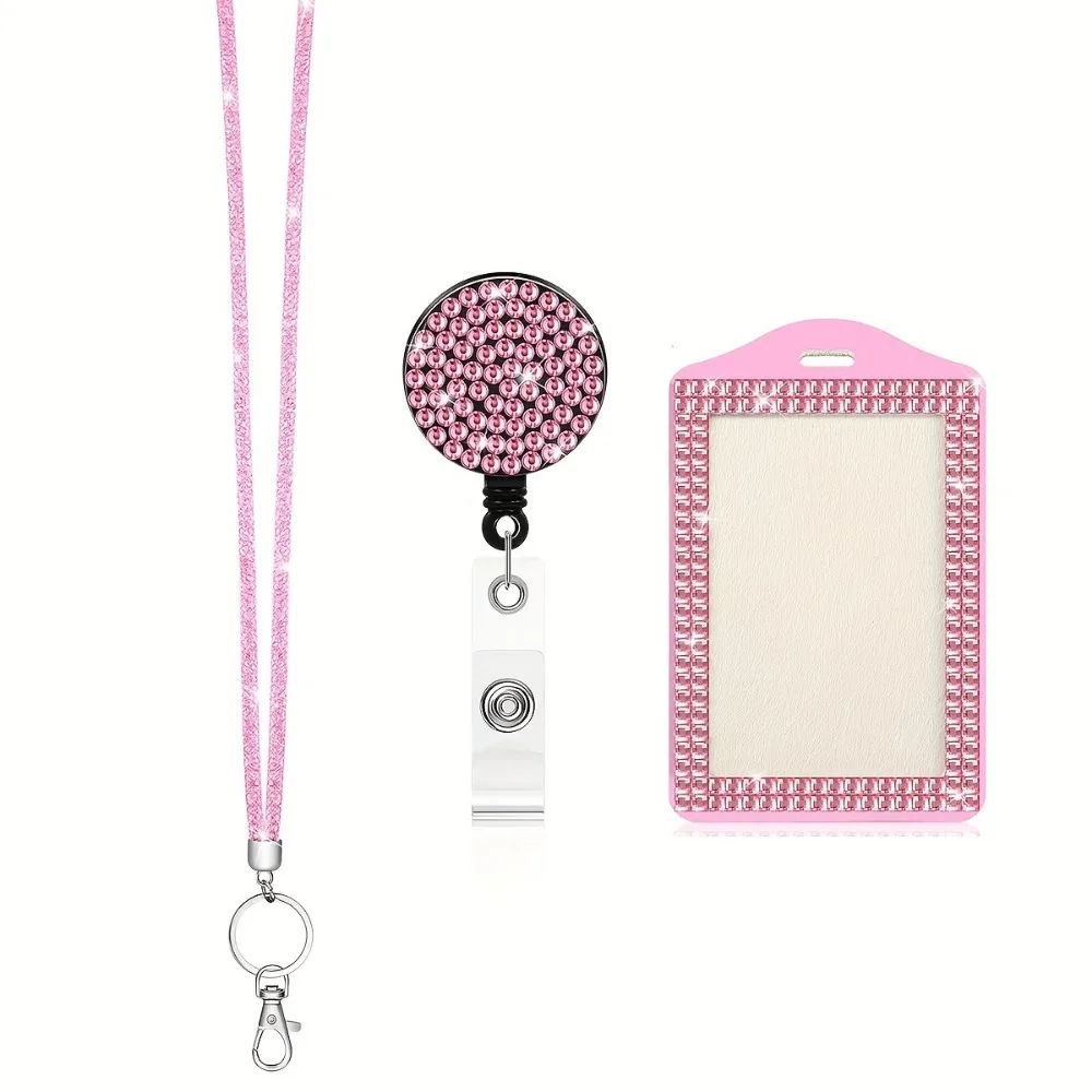 

Bling ID Holder with Lanyard Retractable Lanyard Elegant Design Retractable Badge Holder Easy Pull Buckle Rhinestone Decorated