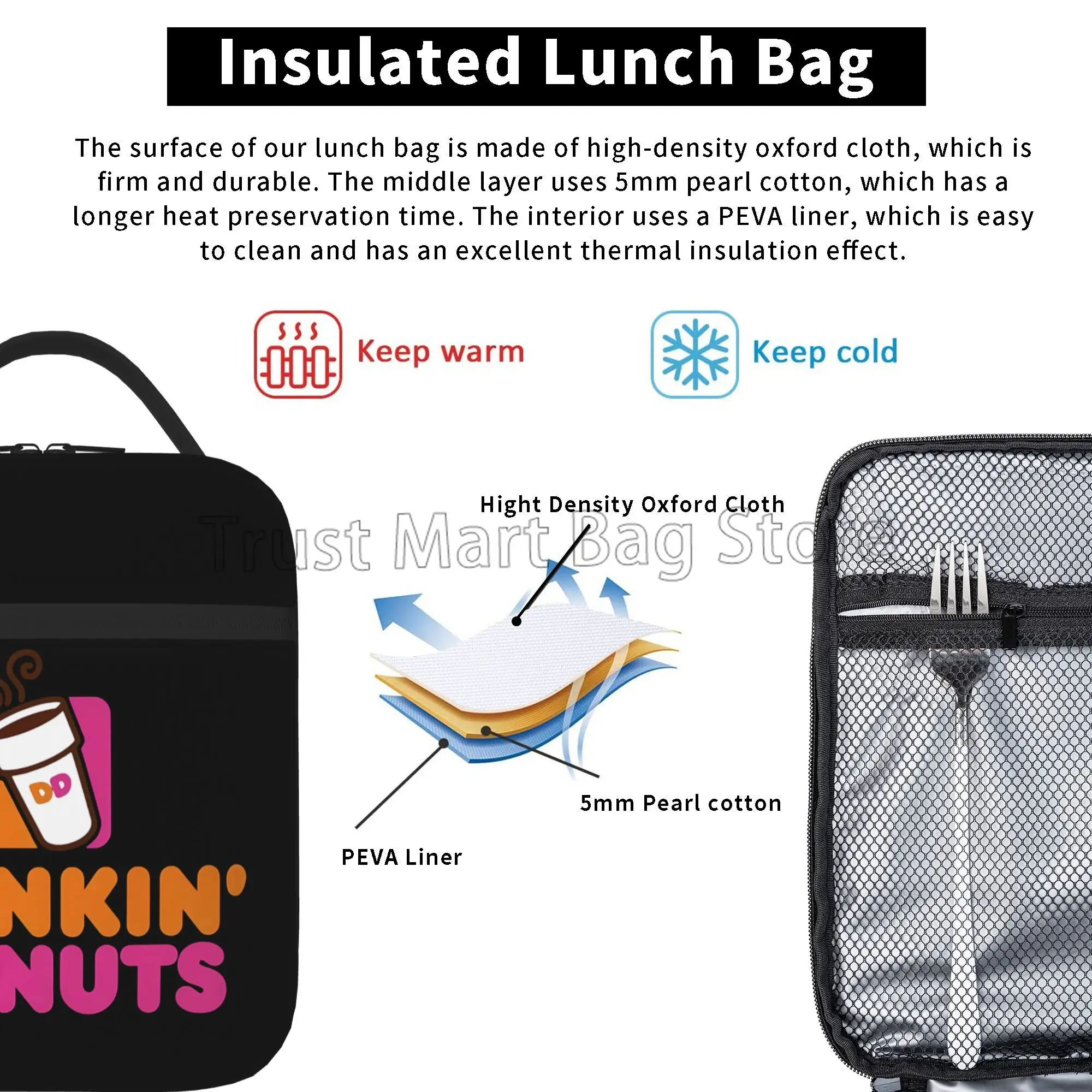 Dunkin Donuts Logo Print Insulated Lunch Bag Reusable Portable Waterproof Thermal Lunch Box Bento Tote for Office Work Picnic