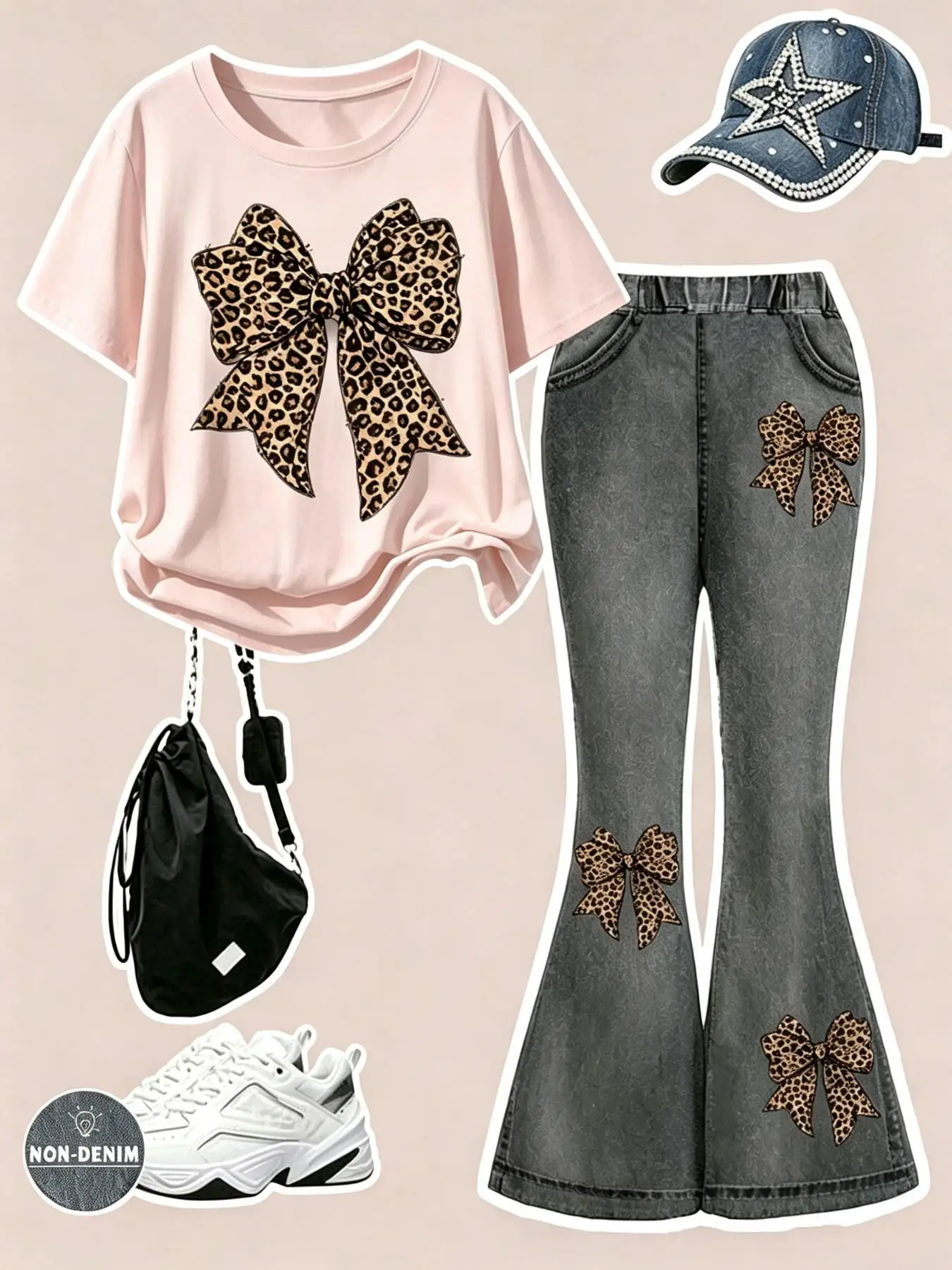 Sommer- und Herbst-Freizeitoutfit für Mädchen: Leopardenmuster-Schleifen-T-Shirt in Rosa mit kurzen Ärmeln + Digital-Print-Schlaghose, zweiteiliges Set, geeignet für Mädchen im Alter von 4-12 Jahren, vielseitige Kleidung für Ausflüge. – Detail 5