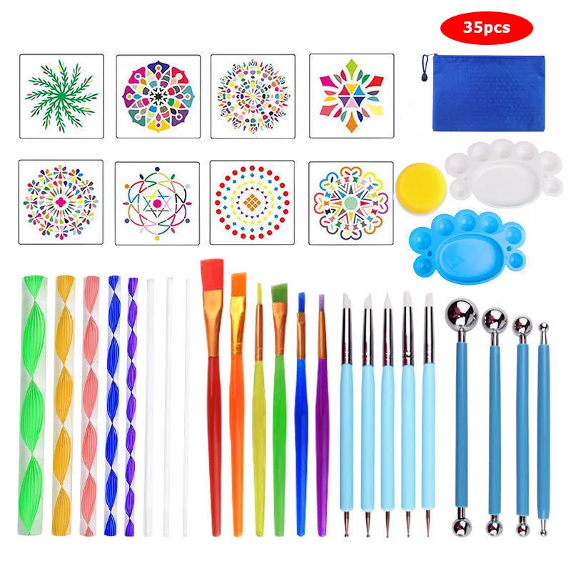 53/35pcs DIY Stone Mandala Dotting Tools for Painting Rock Stone Pen Embossing Starter Drawing Stencil Template Brush Tray Kit