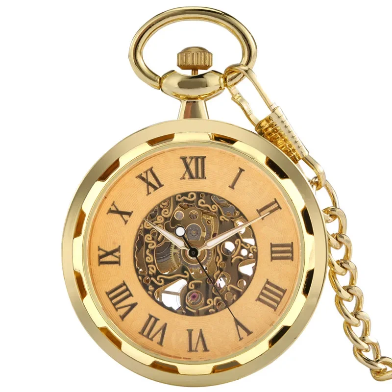 Antique Vintage Roman Numerals Dial Golden Handwinding Mechanical Pocket Watch Luminous Hands Pendant Chain Roman Number Gift