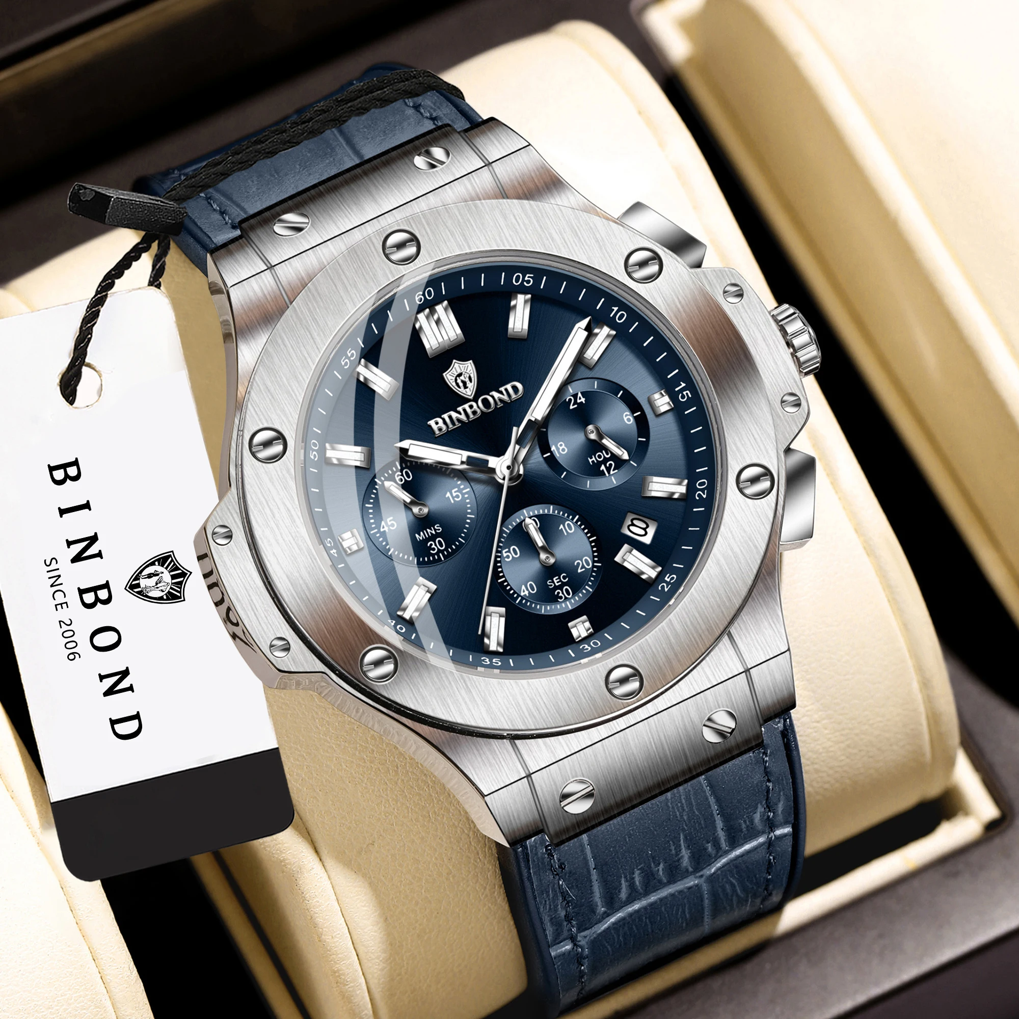 BINBOND New Original Chnorograph Precise Quartz Watches For Men Real Leather Luminous Waterproof Durable Auto Date Luxury Reloj