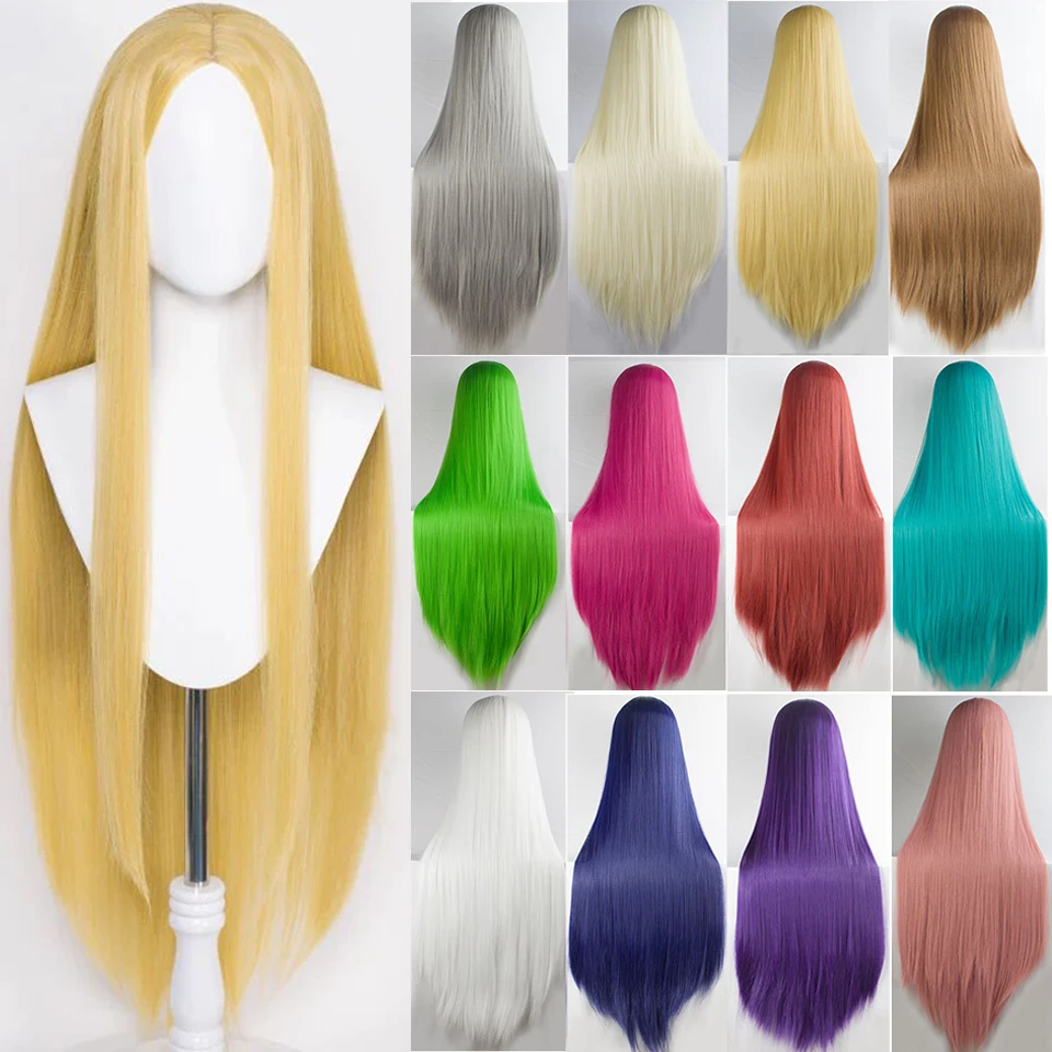 100cm Cosplay Wig Long Straight Hair Wig Red Blue Pink Yellow Green Grey Synthetic  Anime Wig For Women Halloween Daily Party