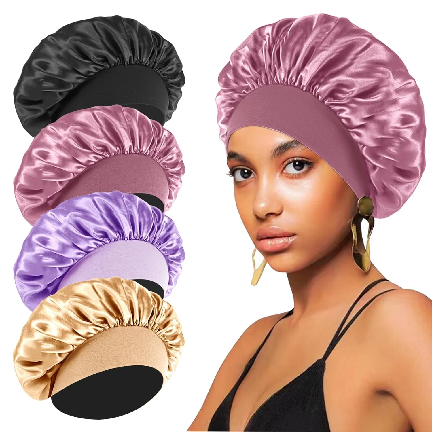 4PCS  Bonnet for Sleeping,Hair Satin Bonnets for Black Women Men,Hair Wrap  for Curly Hair,Elastic Wide  Hair Bonnet Shower  for