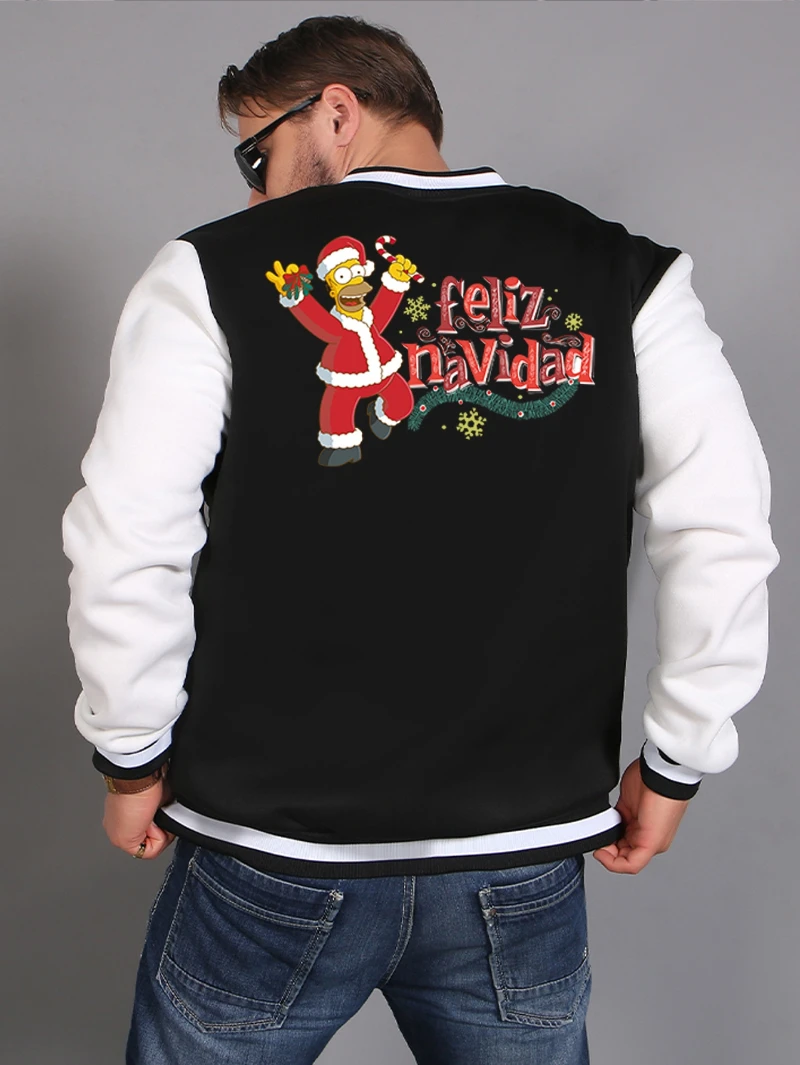 

The Pu Family Men's Baseball Jackets with A Christmas Theme and Homer Santa Claus Print Are Selling Well in Autumn and Winter