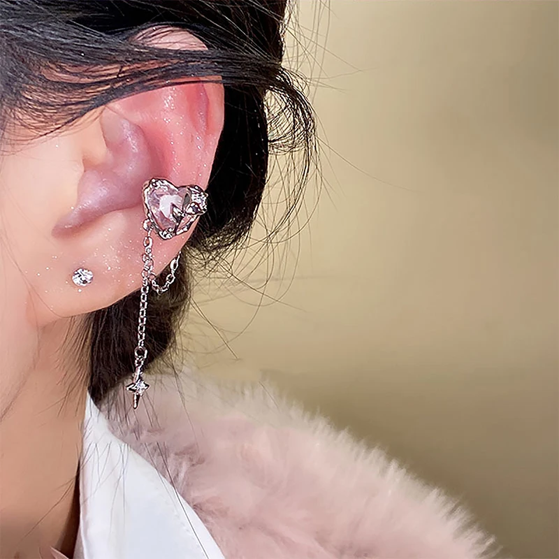 1Pcs/1Pair Pink Crystal Heart Star Tassel Ear Clip Earrings For Women Girl Vintage Non Piercing Ear Cuff Y2K Party Jewelry Gift