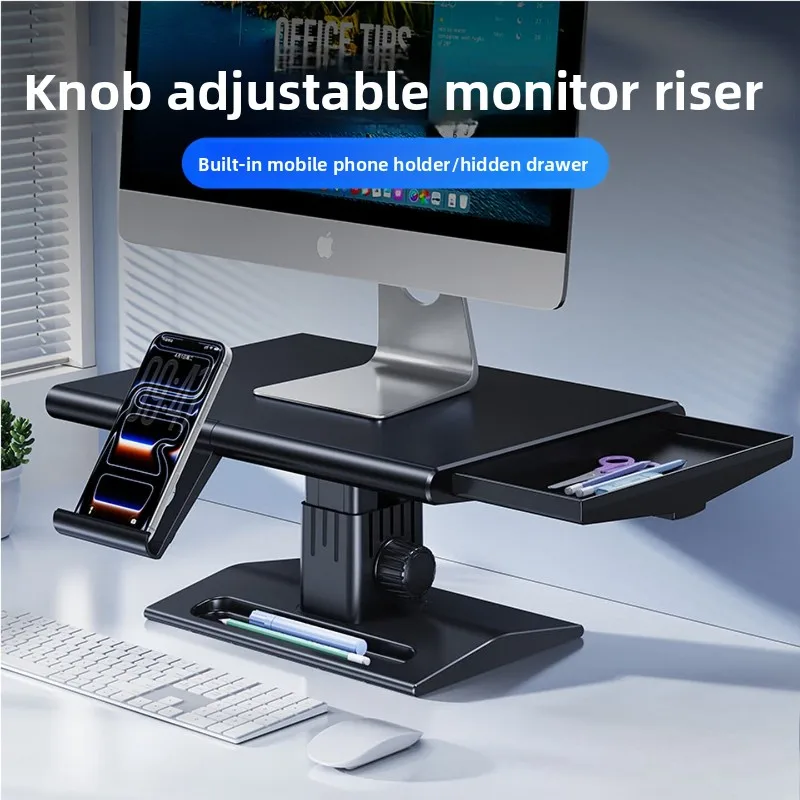Adjustable Monitor Stand Riser Knob Height Lift Desktop Shelf with Pull Out Drawer for Laptop Office Black Home Desk 모니터 받침대