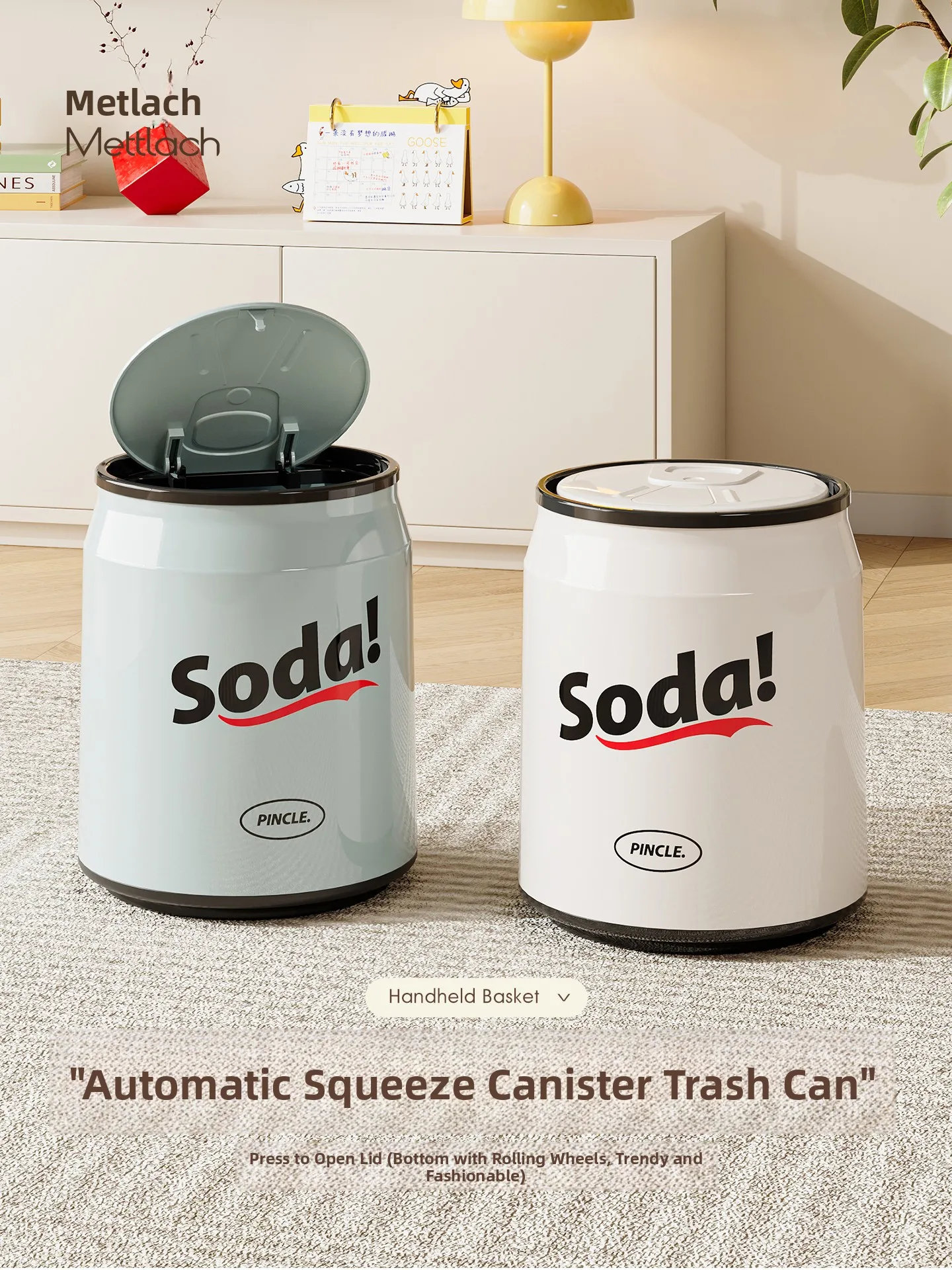 

Home Use Trash Can with Lid Bedroom Kitchen Living Room round Shape Plastic Press Type Waste Bin Easy Pull Can Storage Bucket