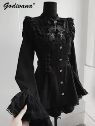 Japanese Mine Mass-produced Flare Sleeve Slim-fit Dress Set Gothic Lolita Women's Sweet Shirts Top and Shorts Two-pieces Suits