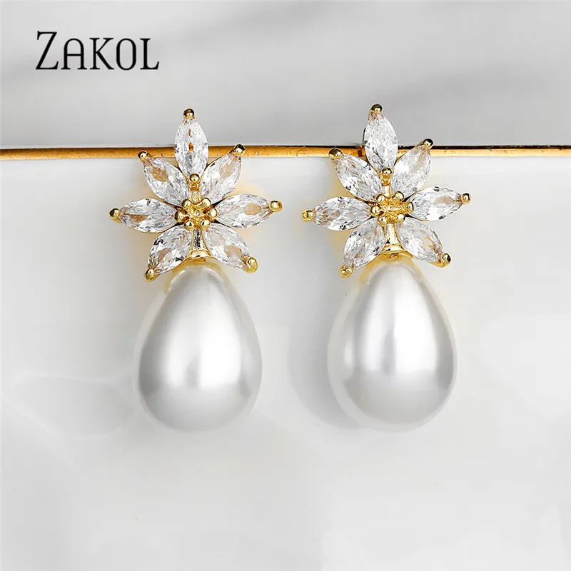 ZAKOL Fashion Pearl Stud Earrings For Women Luxury Cubic Zirconia Leaf Flower Earring Birthday Gifts EP2861