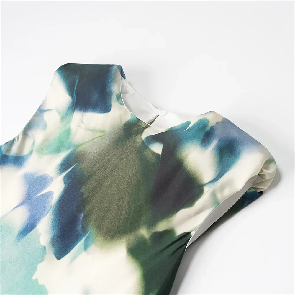 レディース サテンテクスチャプリント ミディドレス ラウンドネック ノースリーブ ショルダーパッド バックスリット 隠しボタン Aラインドレス 春夏 新作 女性用 シック トップス