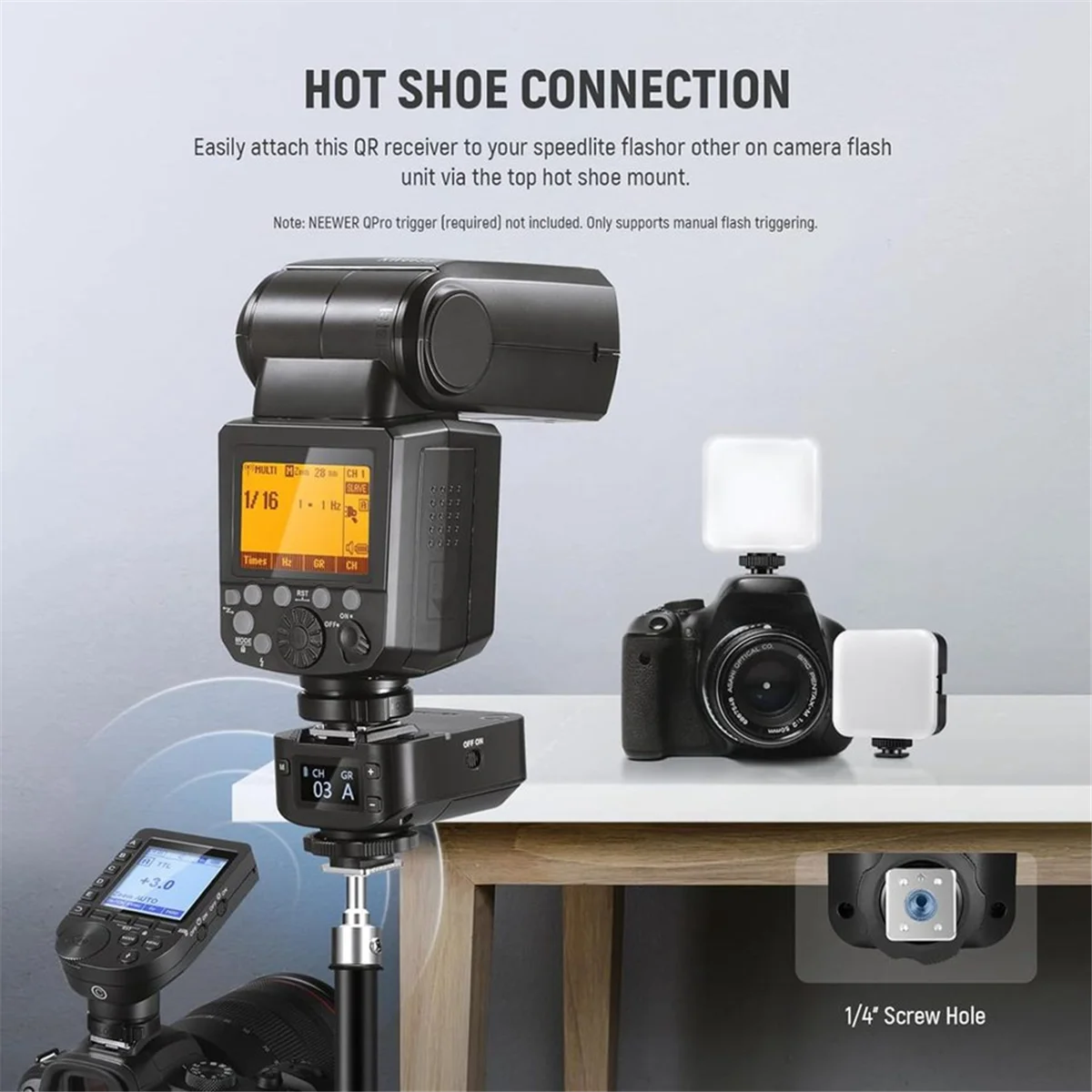 A74Z QR 2.4G Wireless Flash Receiver for QPRO-C, QPRO-N, QPRO-S Triggers, Single Contact with 2.5mm Sync Port