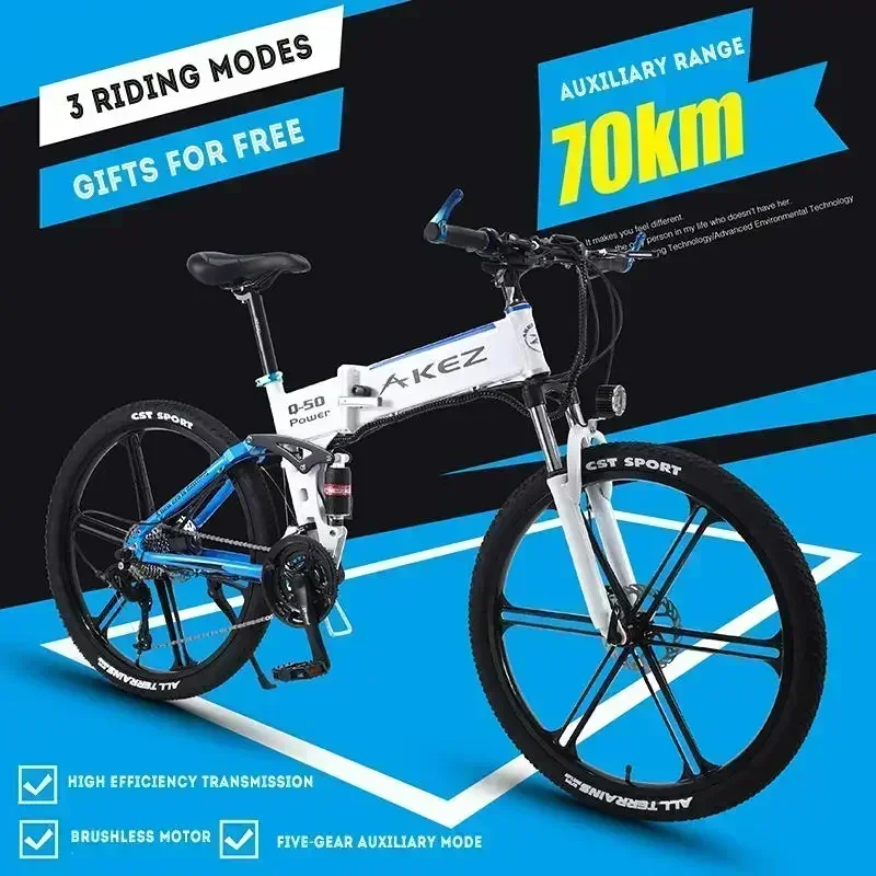 AKEZ Electric bicycle 1000W Motor 48V10.4AH Lithium battery Folding E-Bike 26 inch Tire mountain snow adult Electric Bike image 5